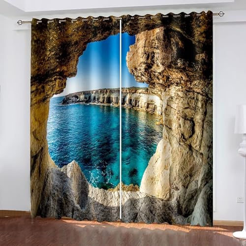 AMDXD Blå bruna mörkläggningsgardiner barn, havsstrand grottor gardin fönster, termiska gardiner köldskydd ljudisolering B 107 x H214 cm/st (2-pack)