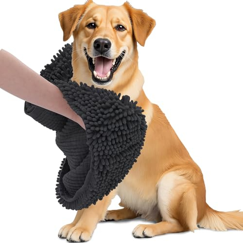 OLANLY Chenille Dog Bath Towel 31x13, Ultra Absorbent Quick Dry Pet Towel, Extra Soft Washable Plush Towel for Large Dogs & Puppies, Indoor Outdoor Use, Dark Grey