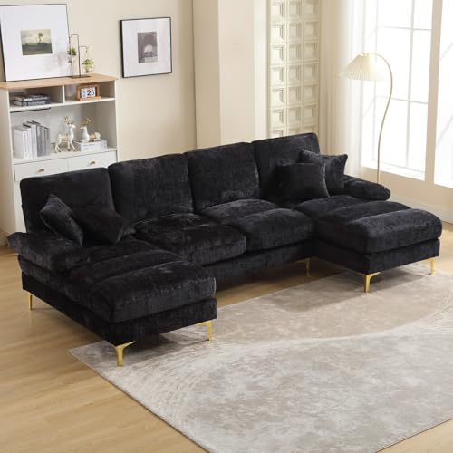 QQU 107 U-Shaped Sectional Sofa, 4-Seater Corner Sofa Couch with 2 Chaise Lounges & 4 Pillows, Chenille Fabric Upholstered Sofa Set for Living Room (Black)