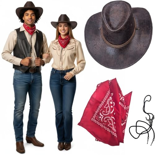 Alevial Cowboy Costume 3 Piece Set, Cowboy Hat, Bandana & Bolo Tie | Adult Fancy Dress Halloween for Men and Women