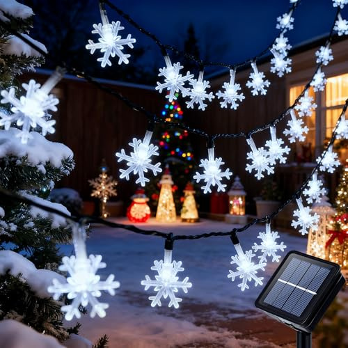 Qoosea Guirlande Lumineuse Extérieure Solaire, 7M 50 LED Guirlandes Lumineuses à Flocons de Neige Étanche 8 Modes, Lumière Décoration pour Noël, Jardin, Cour, Fête, Mariage, Anniversaire