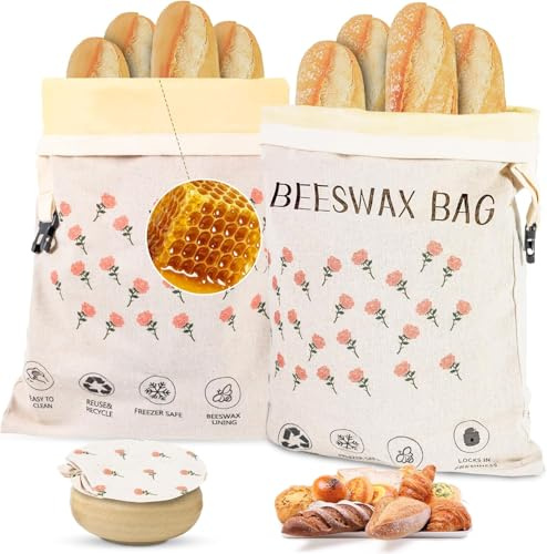 2 Pack Beeswax Bread Bag,17×13Reusable Organic Bread Bags for Homemade Bread Sourdough,Linen Outer Lining and Pure Cotton Beewax Inner Lining Moisture-proof &Fresh-Preserving With Buckle&Bowl Covers