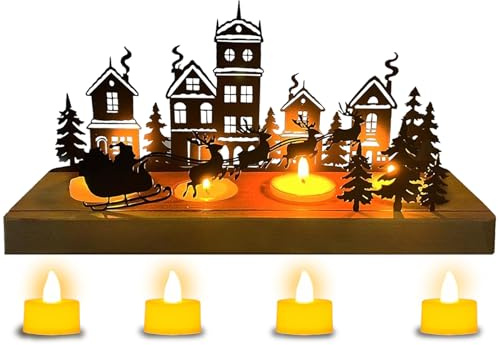 YOUYIKE Portacandele Natalizio, Base in Legno | Corona di Metallo | Candele a LED, Centrotavola Natalizio Elegante Porta Candele per Avvento