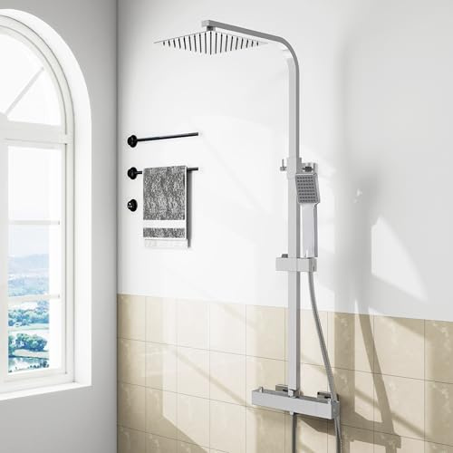 Thermostatic Mixer Shower Set, Square Bathroom Thermostat Shower System with Adjustable Height 8 Overhead Rainfall Shower Head and Handheld Shower