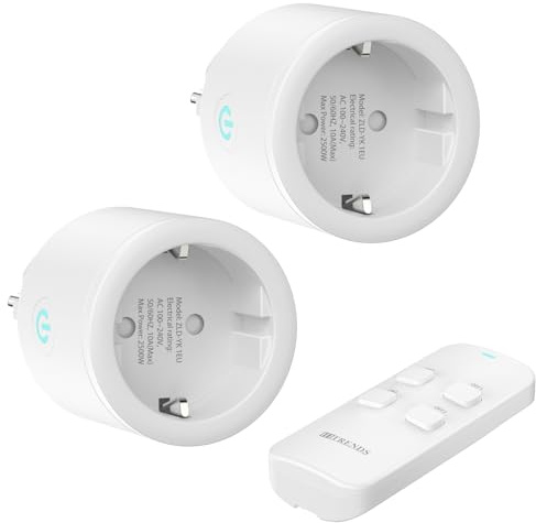 Juego de 2 enchufes con mando a distancia, 10 A/2500 W, 30 m de largo alcance, color blanco