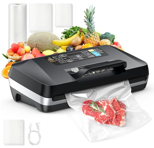 95KPa Vacuum Sealer Machine for food,Full Automatic with Double 12mm Heat Seal, 10in 1 Modes, Built in Cutter & Bag Storage, Includes 1 Roll and 10pcs Pre cut Bags