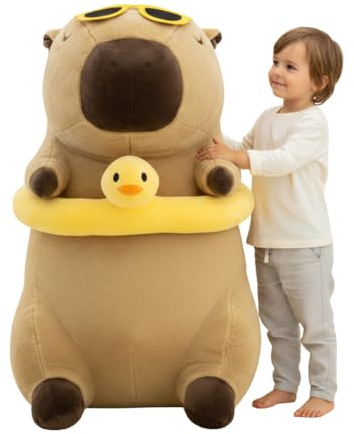 Capybara Plysch XXL 100 cm – Capybara Doudou Stort Mjukt Plysch 3 i 1 Kudde & Dekoration – Jätte Capybara Plysch för barn & vuxna – Skänktanke att gosa med (Capybara med Anka)