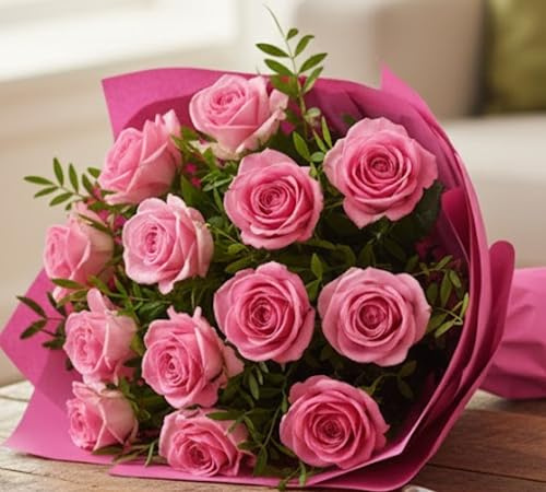 Lovely Pink Roses Bouquet with Fresh Seasonal Greenery – Elegant Flower Arrangement for Birthday, Anniversary, Thank You, Get Well, Housewarming (Large, 20)