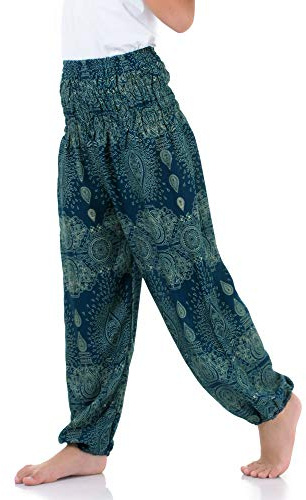 Vegan, stylisch & fair – Orientalische Kinder Aladinhose Haremshose Spirit of Mandala für Mädchen & Jungen – Original handgefertigt in Thailand (134/140, Türkis)