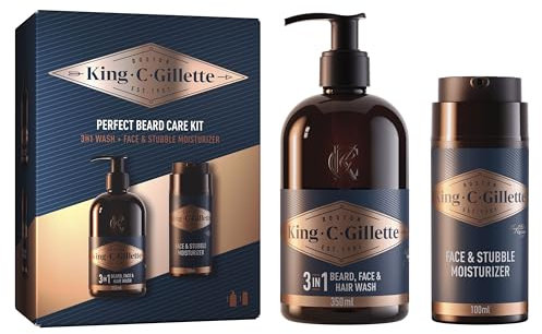 King C. Gillette, Geschenk-Set, perfektes Ritual-Set mit Bart-, Gesichts- und Haarreiniger, 3 in 1, 350 ml und Bartcreme, 100 ml für Barthaare