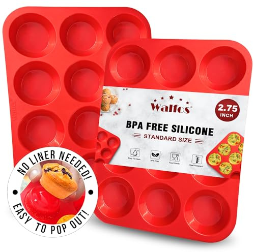 Walfos Muffin Pan Set - 12 Cups Regular Silicone Cupcake Pan, Non-stick and BPA Free, Great for Making Muffin Cakes, Tart, Fat Bombs - Dishwasher Safe, 2-Piece