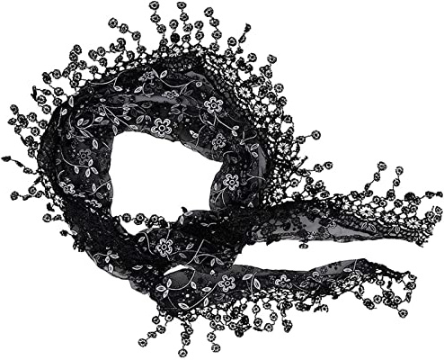 JK Home Lace Tassel Sheer Floral Triangle Scarf, Trendy Silk Gauze Embroidered Veil Church Wedding Wrap Scarf Fringe Head Cover 140x40cm Black