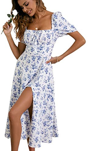 GORGLITTER Women's Floral Midi Dress Ruched Bust Split A Line Dress Boho Square Neck Short Sleeve Summer Swing Dresses Blue and White S