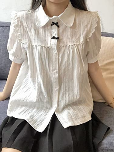 FRESQA Vit Lolita, spetsblus, kvinnor, gotisk Preppy stil, vintage, Peter Pan krage, kortärmad, skjorta, flicka, sommar, söt topp