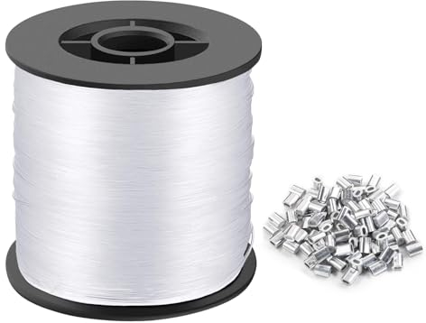 Fil de pêche transparent et invisible en nylon de 0,8 mm d'épaisseur avec 100 manchons à sertir en aluminium pour cadre photo, guirlande lumineuse, pot de fleurs, travaux manuels