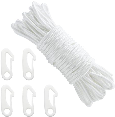CONNECTION Corde de Drapeau 20M avec 5 Pcs Clip de Fixation du Mât 6mm Corde en Nylon Blanc pour Extérieur, Drapeau, Vêtements, Camping, Voile