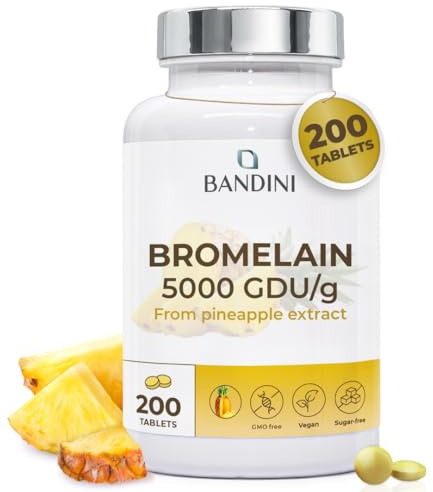 Bandini® Bromelina Forte 5000 GDU/g Gastroprotetta 200 Compresse, Enzima Digestivo, Estratto di Ananas, Bromelina Strong, Pura, Alto Dosaggio, Maggior Assorbimento, 100% Vegano