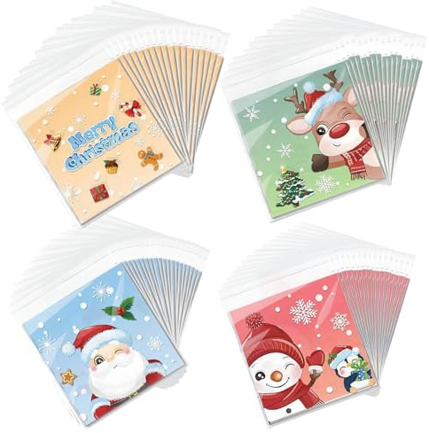 Cookie Bags, 100pcs Clear Cellophane Bags Small Cellophane Bags Self-Adhesive Biscuit Bags Transparent Christmas Candy Bags For Xmas Gift Package(10 * 10cm)