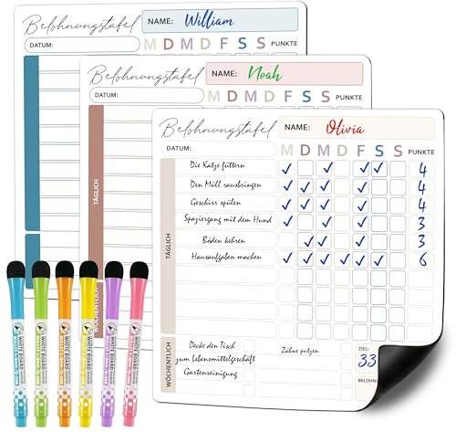 3er Belohnungstafel Kinder ab 8 Jahre mit 6 Stifte - 22x22cm Magnetisch Aufgabenplaner Kinder Abwischbar - Haushaltsplan Familie für Mädchen und Jungen - Tagesablauf, To Do List Board für Kühlschrank