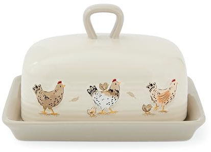 Cooksmart Hen House Lane Butter Dish | British Designed Farmhouse Kitchen Storage | Embossed Stoneware with Ribbed Body | Rustic Countryside Style | Dishwasher & Microwave Safe