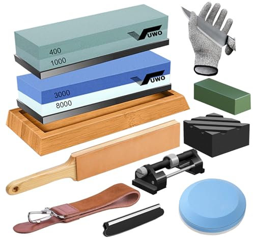 vuwo Knife Sharpening Stone Kit - Whetstone Dual Grit 400/1000 3000/8000 Premium Sharpener Set with Leather Strop, Flattening Stone, Honing Guide, Bamboo Base, Angle Guide, Cut Resistant Gloves...