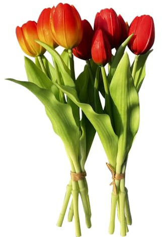 Paquete de 10 tulipanes artificiales multicolor con 6 tulipanes y 4 capullos de tulipán de tacto real para bodas, hogar, fiestas, restaurantes (5 piezas naranja y 5 piezas rojas)