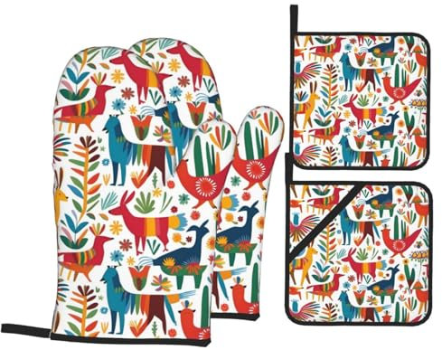 Juego De Manoplas Y Agarraderas Patrón De Animales Otomíes Mexicanos Resistentes Al Calor Guantes De Cocina Antideslizantes Guante De Cocina para Hornear Cocinar Parrilla,4 Piezas