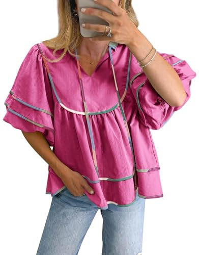 Cicy Bell Mujeres V Escutido Blusa de Manga Corta Lanterna Manga fluyente Verano Tops de muñeca de bebé Perder Camiseta Ligera Armario Partes Superiores, Rosa., XXL