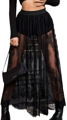 EMOTTOS Jupe Longue Femmes, Maxi Semi-Transparente Dentelle, Sexy 2 en 1, Transparente Taille élastique Taille Haute Ligne A Jupe Tulle avec Short Festival Streetwear, Clubwear, Noir, XL