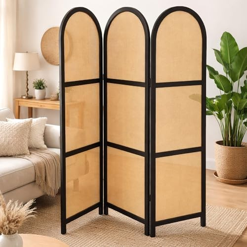 ELK & ELDER 3-Panel Room Divider | Folding Privacy Screen with Arched Dark Wood Frames and Light Woven Panels | Portable Divider for Home,Office, Living Room, Bedroom | 66 H x 56 W |Dark Wood/Beige
