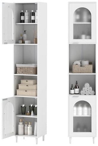 COSTWAY Bathroom Tall Cabinet, 180cm High Slim Bathroom Storage Unit with 2 Tempered Glass Doors and Open/Adjustable Shelves, Wooden Freestanding Narrow Floor Cupboard for Living Room Kitchen, White