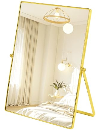 ROYUEXT Specchio rettangolare da tavolo, vintage, con telaio in metallo regolabile, per soggiorno, bagno, camera da letto, scrivania, tavolo da toeletta, viaggi, campeggio (oro)