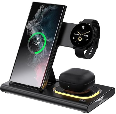 3-in-1-Wireless-Ladegerät für Samsung Ladestation Android-Smartphone Mehrere Geräte LED-Licht Klappbares Dock Ladegerät-Ständer für Samsung Galaxy S25 S24 S23 S22 Note 20 Watch 8/7/6 Earbuds (schwarz)