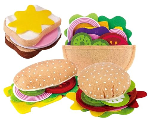 Kids Play Food, 28 pezzi/set feltro gioca cibo hamburger panino impilabile giocattolo con bistecca di manzo verdure finta per la cucina dei bambini