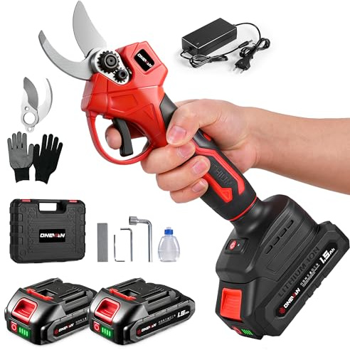ONEVAN Batteridriven grensax, elektrisk trädsax 25 mm skärdiameter, borstlös, trådlös och lätt, inkl. 2 x 1,5 Ah-batterier, SK5-blad, trådlös trädgårdssax för trädgård, träd, häcksnitt