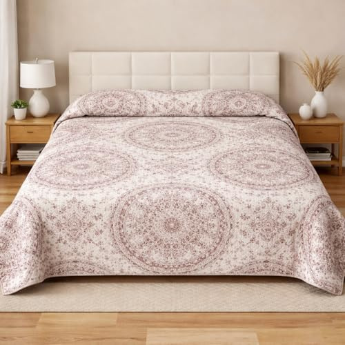 Genérico Colcha Bouti Acolchada Ligera para Cama | Edredón de Verano Suave y Transpirable | Cubrecama Decorativo Disponible en Varios Diseños y Medidas. (Beige Rosado, Cama 135, Mandala Vintage)