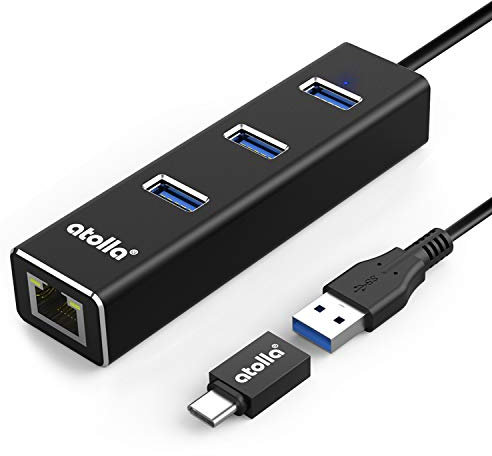 Atolla Hub USB 3.0 Ethernet, Répartiteur C pour Adaptateur en Aluminium avec 1 Port LAN RJ45, 3 Ports de données USB et Un Adaptateur C USB pour Macbook, Mac Pro/Mini, iMac, etc.…