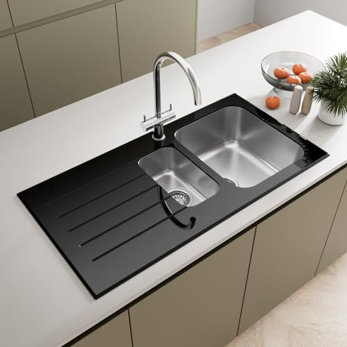 SÄUBER® 1000 x 500mm Stainless Steel Kitchen Sink Black Glass Surround 1.5 Bowl Inset Drop in Installation, Left Hand Drainer, 18/8 Grade Steel Sinks, Free Basket Strainer Waste
