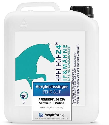 PFERDEPFLEGE24 Schweif und Mähnenspray für Pferde 5l - VERGLEICHSSIEGER - Brillanter Glanz, leichte Kämmbarkeit & Gesundes Fell - Mähnen und Schweifspray für Pferde in 5 Größen