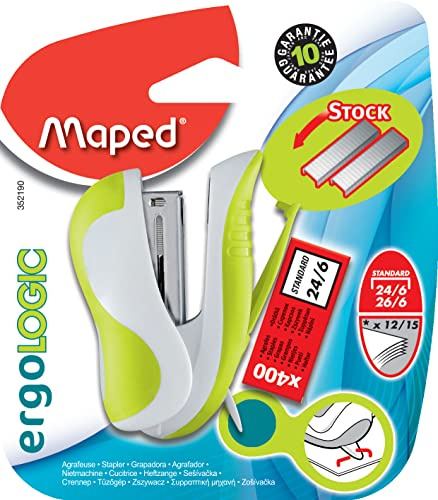 Maped Ergologic Agrafeuse 24/6 ou 26/6 Réserve et Ôte-agrafes Intégrés, 400 Agrafes Incluses - Vert