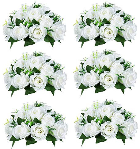 NUPTIO Pcs of 6 Fake Flower Ball Arrangement Bouquet,15 Heads Plastic Roses with Base, Suitable for Our Store's Wedding Centerpiece Flower Rack for Parties Valentine's Day Home Décor (Pure White)