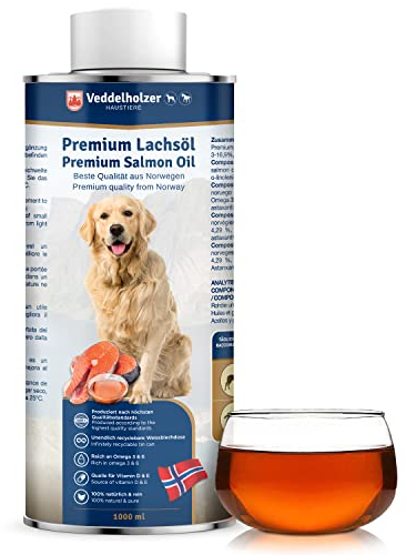 Veddelholzer Lachsöl für Hunde 1 Liter in recycelbarer Weißblechdose Ideale Hochwertige Nahrungsergänzung Mit Omega3 Fettsäuren & Vitamin E Nachhaltiges Fischöl für Hund Pferd & Umwelt
