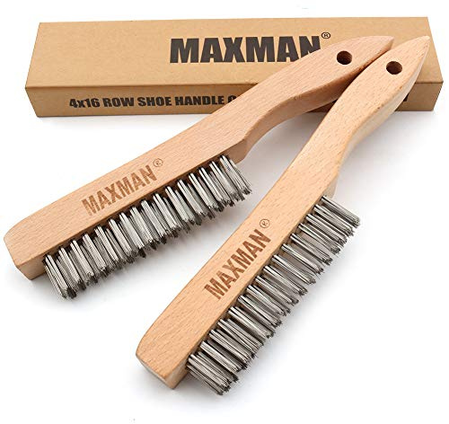 MAXMAN Wire Brush, Heavy Duty Stainless Steel Wire Brushes for Cleaning Rust, Grill Brush, Steel Brush for Paint Removal, Welding, Stiff Bristle Metal Brush with 10 Long Beech Handle, Large, 2Pcs