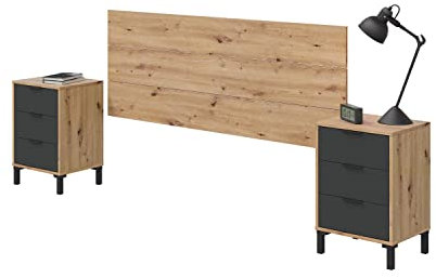 Habitdesign Cabezal + 2 Mesitas y 6 Cajones, 240x74x33 (AnchoxAltoxFondo-en cm), Cabecero Matrimonio y Mesillas Color Roble Nodi y Gris Antracita, Modelo Enzo