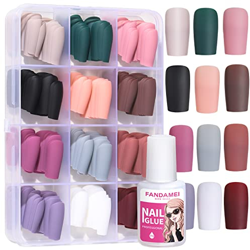 FANDAMEI 12 Farben 288 Stk. Matte Künstliche Nägel zum Aufkleben Langer Flacher Rechteck, Acryl Nagelspitze, Falsche Nägel Gefälschte Nägel, Künstliche Fingernägel, mit Nagelkleber
