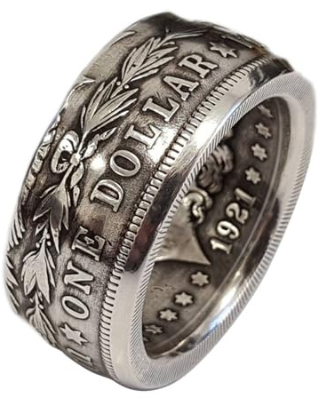 SUKKCCNO 925 Sterling Silver Dollar Ring Vintage United States National Emblem Engraved Double Side Coin Rings Gothic Punk Statement Band Handmade Wide Ring for Men Jewelry Gift 8