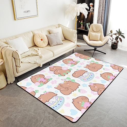Cartoon Capybaras Area Rug 5x7 for Bedroom, Cute Capybara Stuffed Animals Living Room Rugs Non Slip, Kawaii Brown Rodent Animals Carpet for Kids Boys Girls, Pink Strawberries Florals Accent Rug