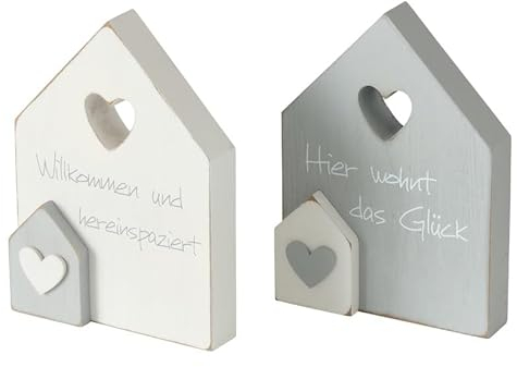 RiloStore 2 STK Deko Häuser b746 Holzhaus 18cm Aufsteller Weiss Grau Zuhause maritim Shabby Chic Dekohaus Häuser Schlüssel Herz Raumdeko Holzhäuser Geschenkset Home Sweet Home