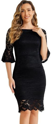 Allegra K Robe Fourreau en Dentelle pour Femmes, col Bateau, Manches Cloche, Robe de Cocktail Vintage Noir XS