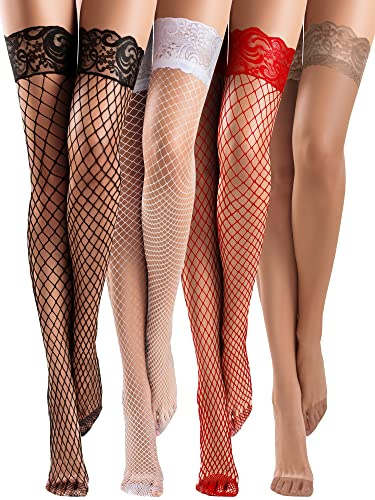 Bencailor 4 Paires Bas Résille en Dentelle Bas Autofixants Transparents en Silicone pour Femme(Rouge, Blanc, Noir, Café,L)